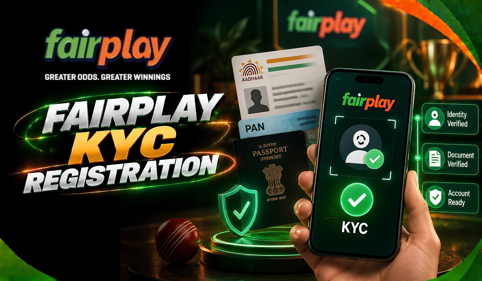 Fairplay KYC Verification: Aadhaar, PAN and passport documents beside a phone showing identity and account verification