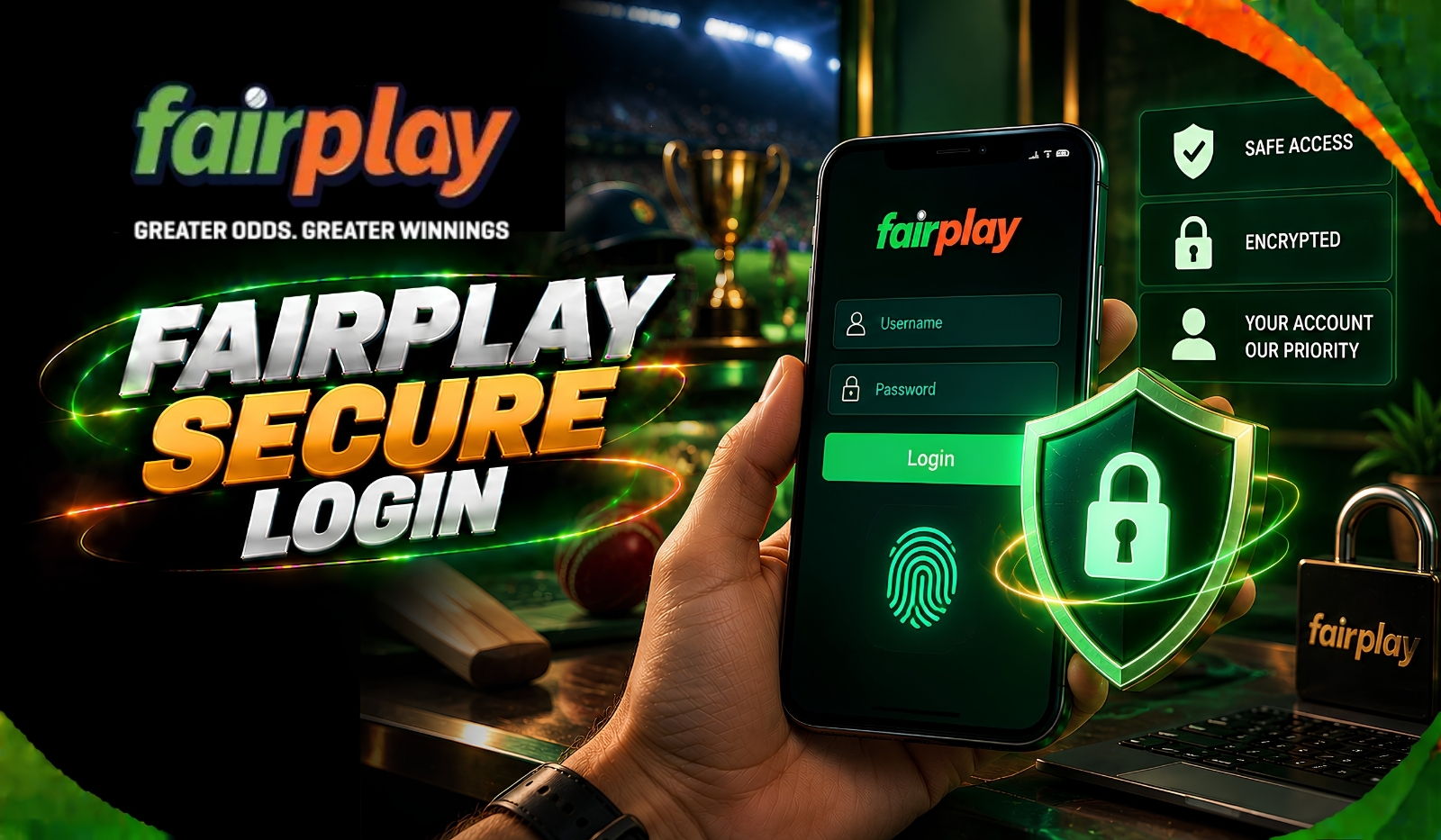Fairplay Secure Login: signing in on a phone with a fingerprint prompt and an encrypted-session shield