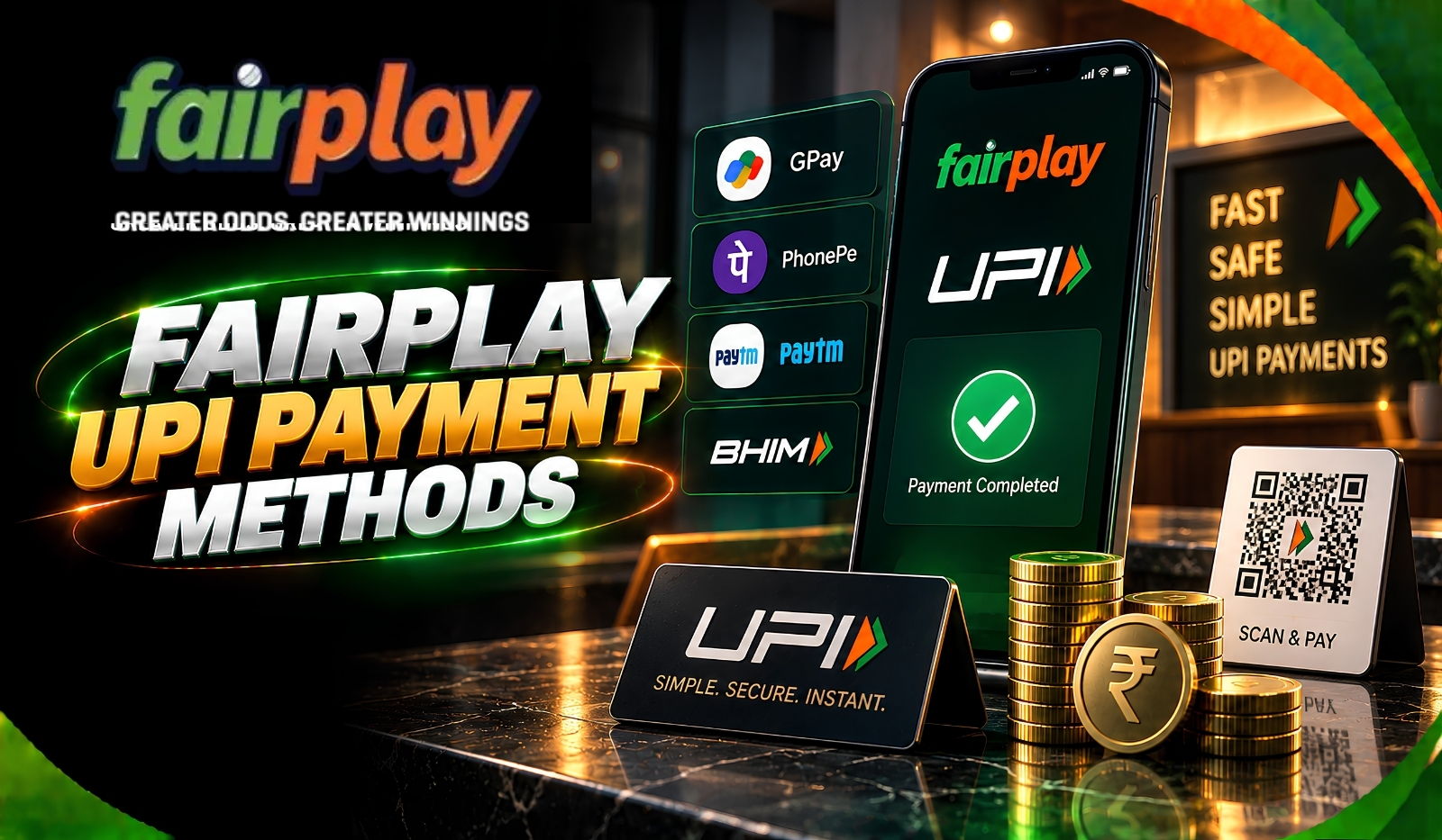 Fairplay UPI Payment Methods: GPay, PhonePe, Paytm and BHIM beside a completed UPI payment and a scan-and-pay code
