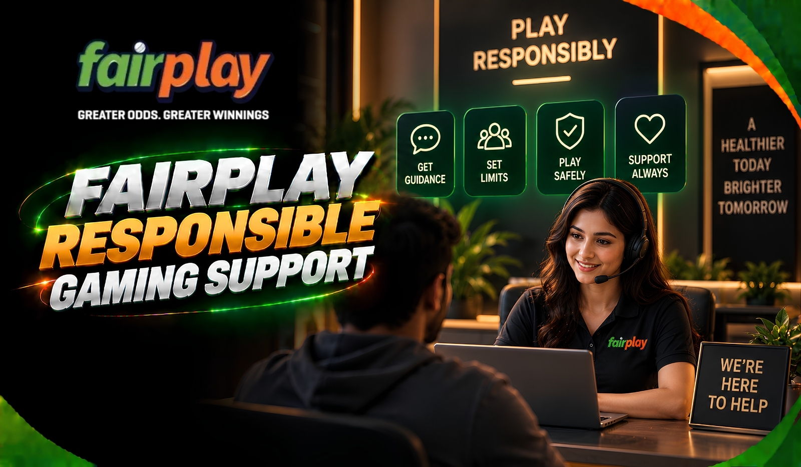 Fairplay Responsible Gaming Support: a support agent talking a player through guidance, limits and safer play
