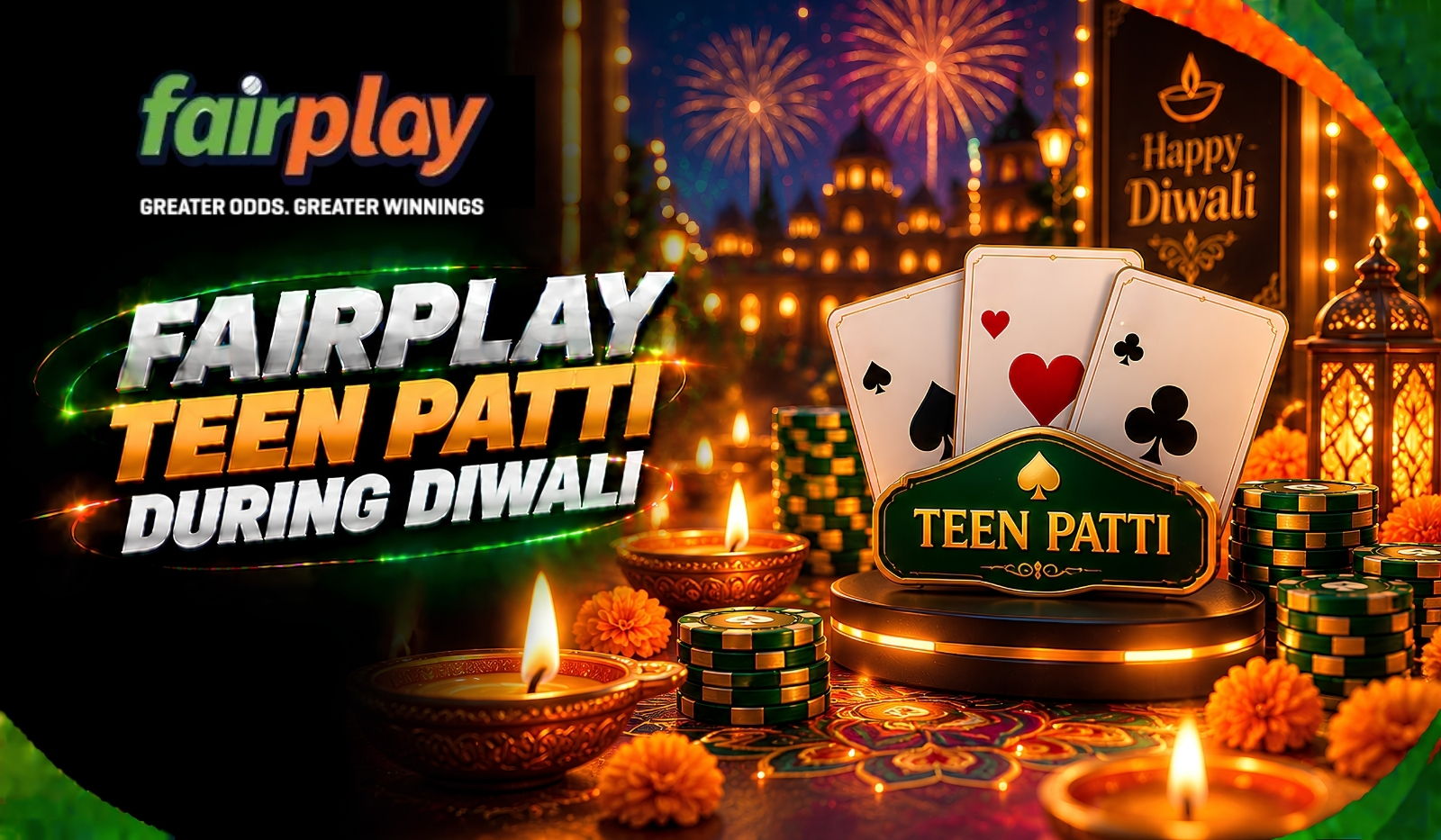 Fairplay Teen Patti During Diwali: three cards and chips among lit diyas, marigolds and fireworks